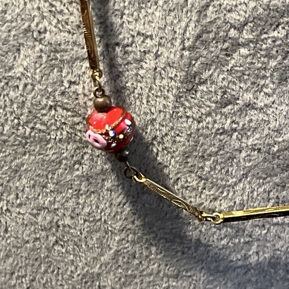 VIT Murano Venetian Wedding Cake Glass Bead Necklace Textured Gold Tone Links - Picture 7 of 12